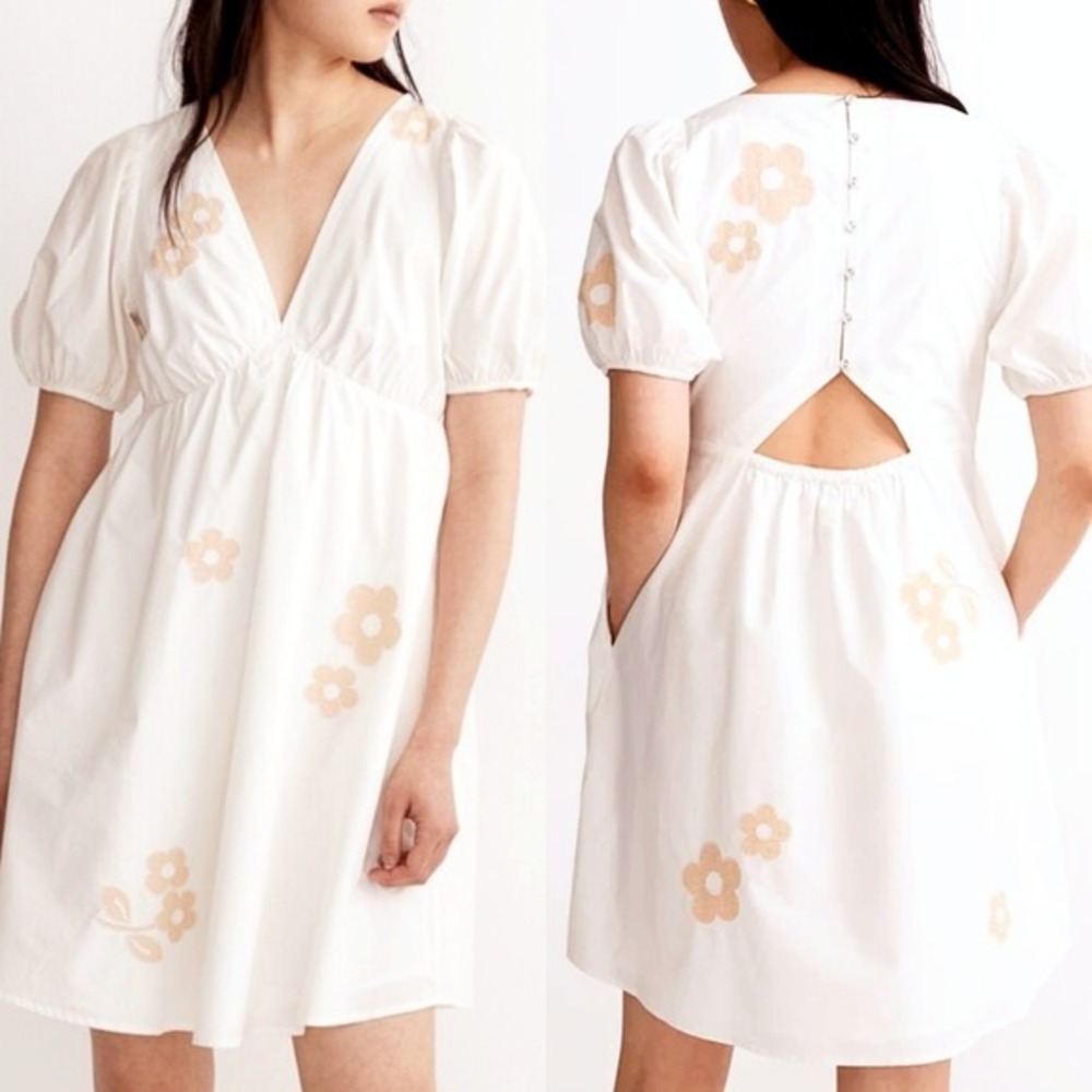 Madewell White Mini Dress Size 2 Cotton Annamarie Floral Cut Out Puff Sleeve